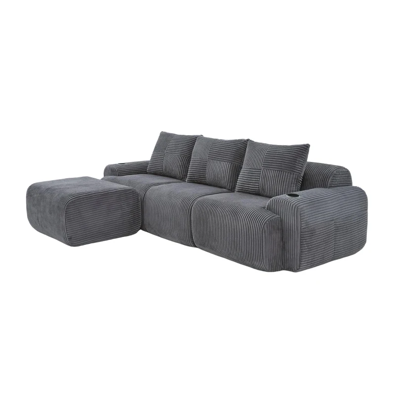 Modulares Cordsofa für 3 Personen (inklusive Fußhocker), ausgestattet mit Getränkehaltern , seitlichen Aufbewahrungstaschen, 268L x 174B x 80H cm, Dunkelgrau