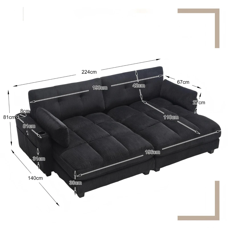 Das schwarze Cord-Doppelsofa verfügt über 2 Kissen, 4 Becherhalter und 4 Seitentaschen, kann in zwei unabhängige Sitze geteilt werden, 224L x 140B x 81H cm , Schwarz