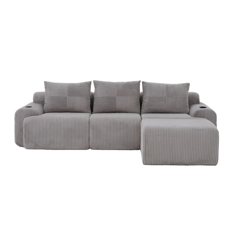 Modulares Cordsofa für drei Personen (inklusive Fußschemel), frei kombinierbar, ausgestattet mit Getränkehaltern und seitlichen Aufbewahrungstaschen, 268L x 174B x 80H cm, Hellgrau