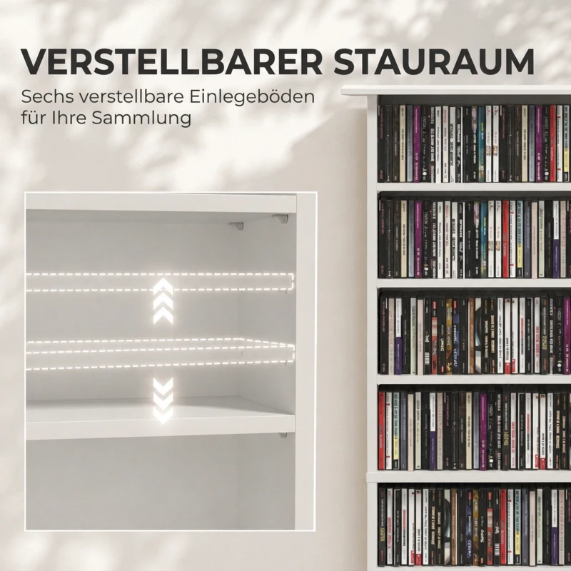 HOMCOM Smalle mediakast, 8 niveaus, 6 verstelbare legplanken, 8 vakken, voor 360 cd's, wit