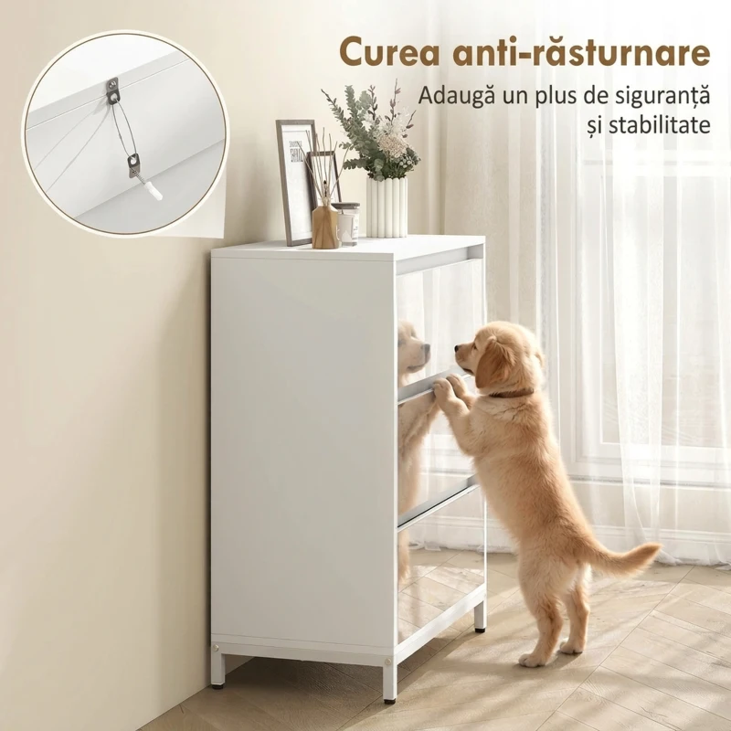 HOMCOM Comodă cu 3 Sertare și Fronturi Oglindă, Design Modern pentru Dormitor sau Hol, 60x35x80 cm, Albă