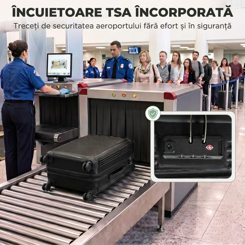 HOMCOM Valiză Cabină Rigidă 48L, Extensibilă, cu 4 Roți, Compartiment Laptop și Încuietoare TSA, 56x36x24 cm, Negru