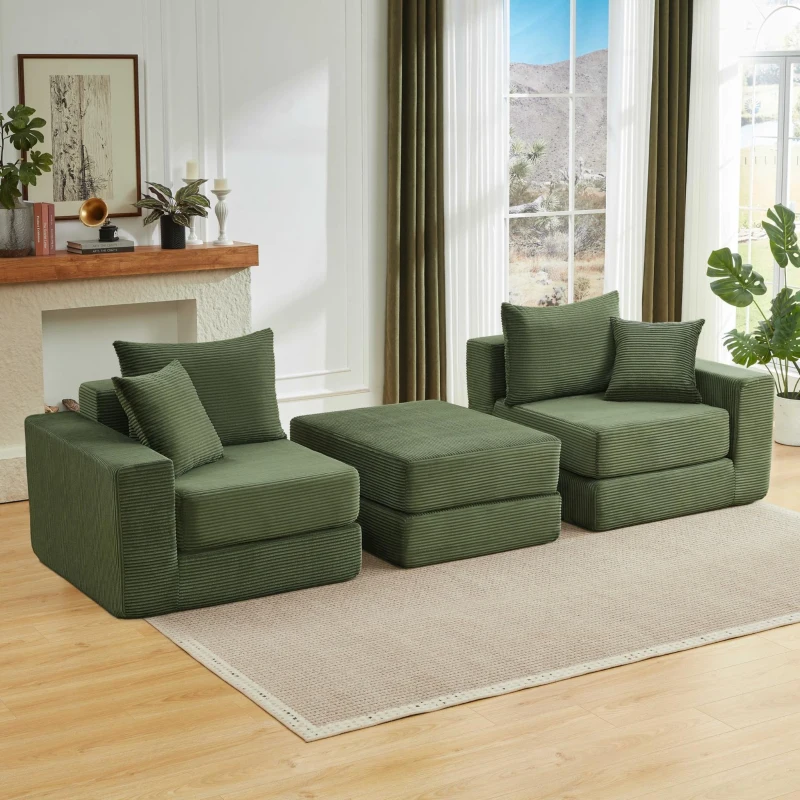 Knochenlose Sofabestuhlung mit rutschfester Basis, mit breiten Armlehnen, bequemen Rückenlehnen und einem hochelastischen Polster, Maße 259,5 L x 96 B x 64,5 H cm, Grün