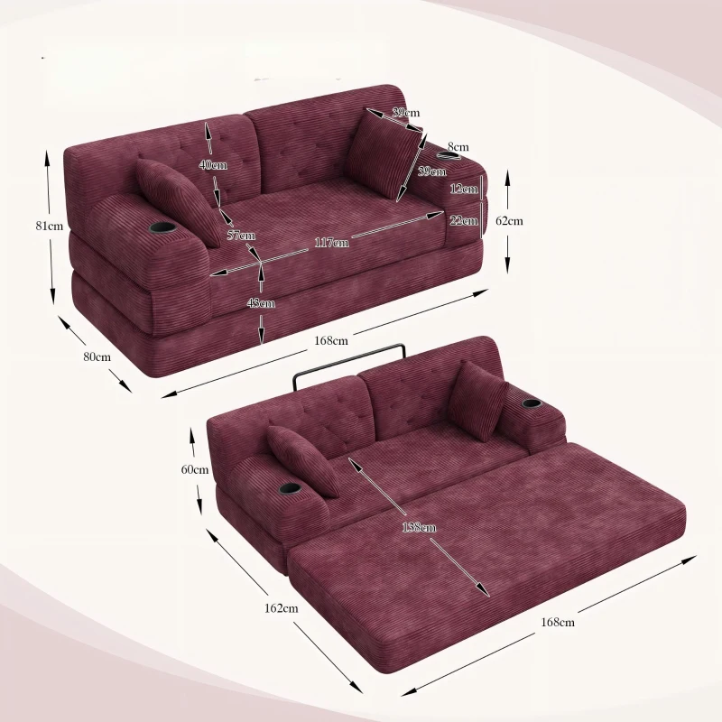 Doppeltes komprimiertes Cordsofa, Metallrahmen, 2 Becherhalter und 4 Seitentaschen, 168L x 80B x 81H cm, Weinrot