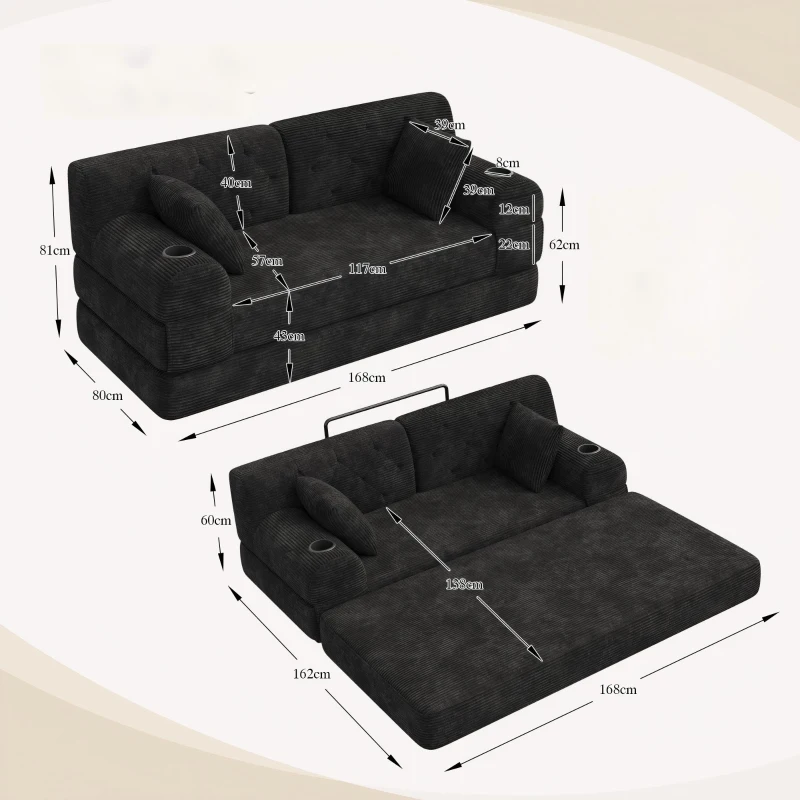 Doppeltes komprimiertes Cordsofa, Metallrahmen, 2 Becherhalter und 4 Seitentaschen, 168L x 80B x 81H cm, Schwarz