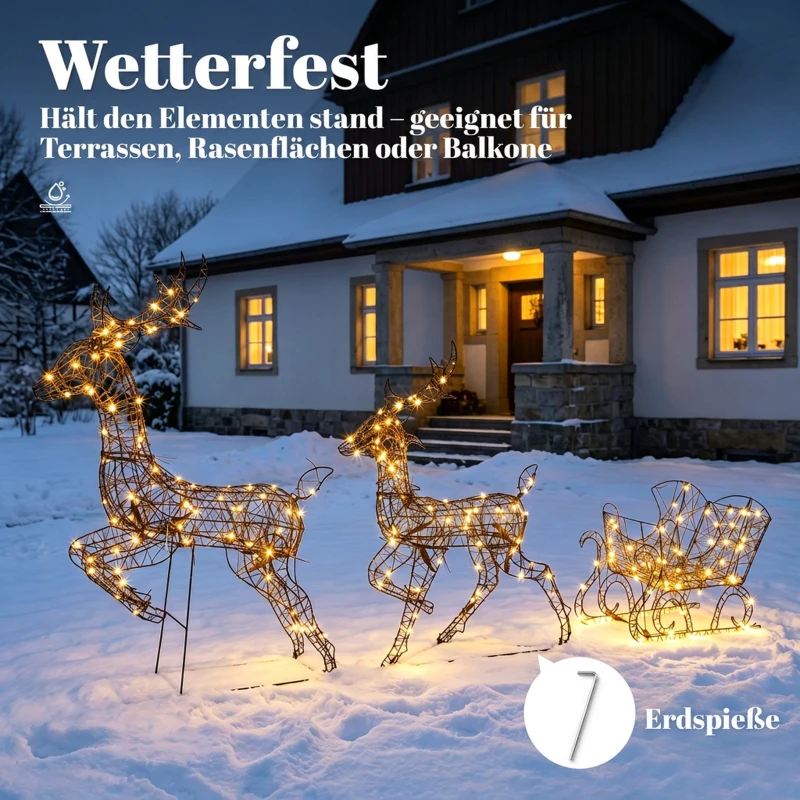 Outsunny 3-tlg. beleuchtetes Rentier- und Schlitten-Set, Weihnachtsdeko aus Polyrattan mit LEDs, 8 Modi, Timer