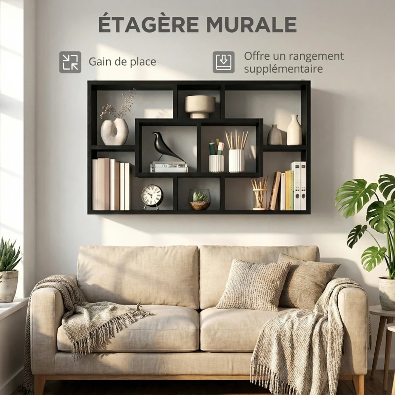 HOMCOM Étagère murale bibliothèque 8 cubes, meuble de rangement, design moderne, 85 x 14,5 x 47,5 cm, noir
