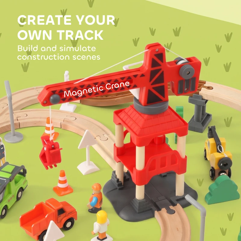 AIYAPLAY 91-Piece Wooden Train Set, Toy Train with Magnetic Crane, Sound Effects Track, for Kids Ages 3+