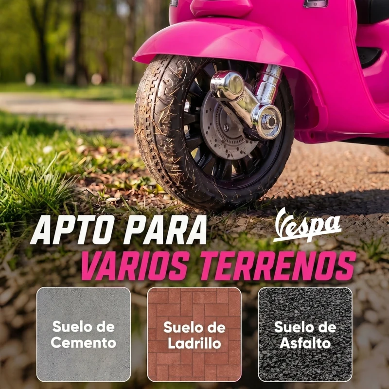 AIYAPLAY Moto Eléctrica para Niños Licencia Mini Vespa GTS 2 Ruedas Auxiliares Batería de Litio Faro Bocina Respaldo Rosa