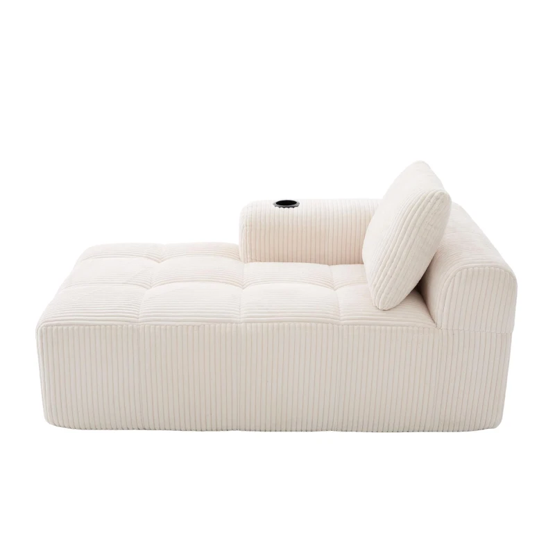 Bequemes Cordsofa mit Rückenlehne, seitlichen Aufbewahrungstaschen für Fernbedienung und Handy, eingebauter Getränkehalter, 158X93X61 cm, Beige