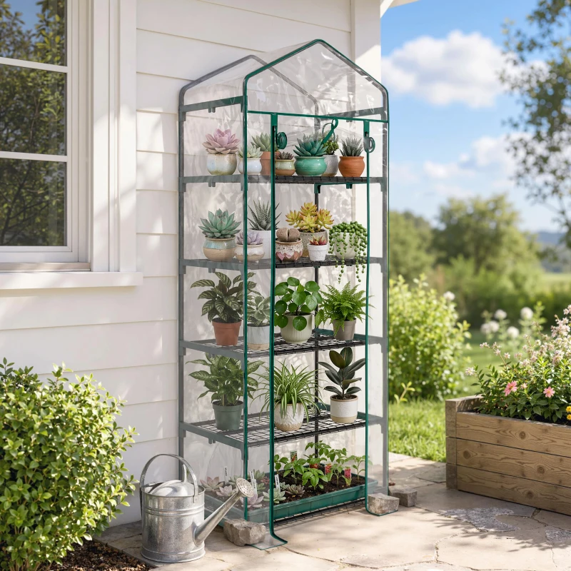 Outsunny Serre de jardin PVC avec étagères 5 niveaux, serre de balcon, bâche renforcée 135 g/m², châssis en acier, porte zippée enroulable, pour légumes plantes fleurs, 69 x 49 x 193 cm, transparent