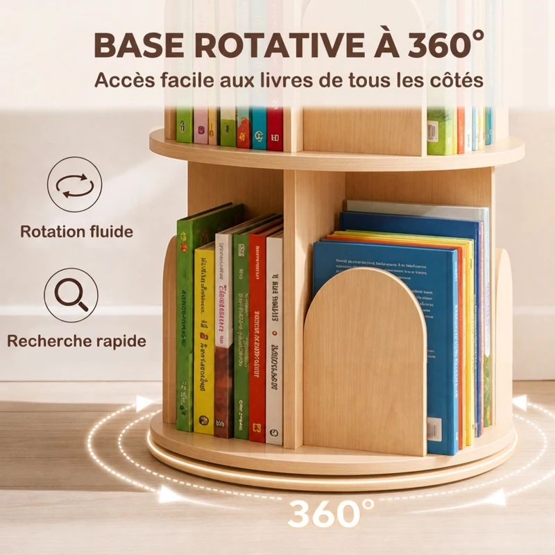 AIYAPLAY Bibliothèque Enfant Rotative 3 Niveaux, Meuble de Rangement Enfant en Bois pour Chambre, Salle de Jeu, Bois Naturel