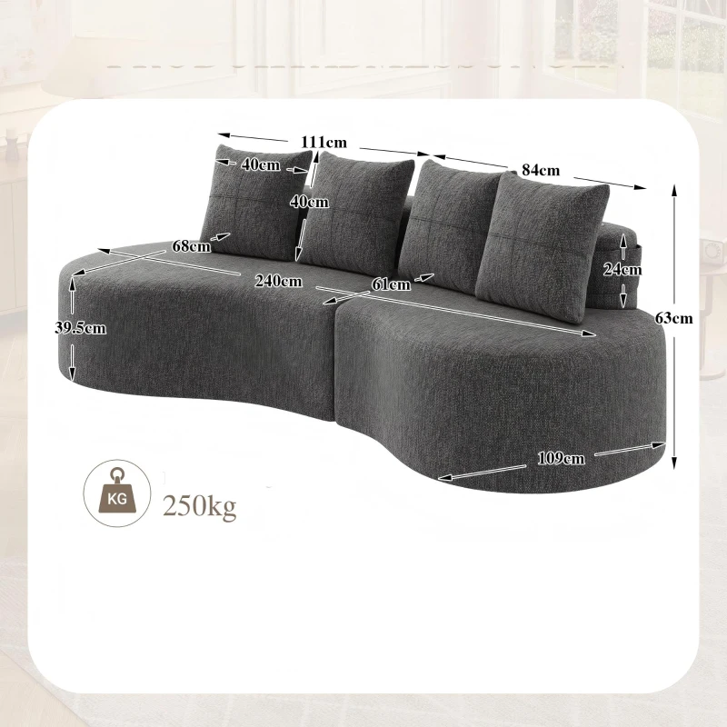 Leinensofa mit 4 Kissen, darunter Getränkehalter und Seitentaschen, 240L x 109B x 63H cm, Dunkelgrau