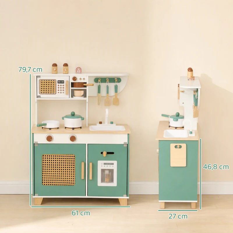AIYAPLAY Cuisine Enfant en Bois 19 Accessoires, Cafetière, Machine à Glaçons, Micro-Ondes, Placard, 3-6 Ans, 61x27x79,7cm, Vert