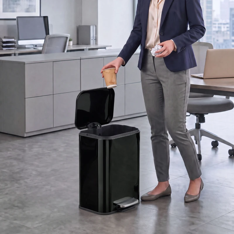 HOMCOM 20 L Kitchen Pedal Bin, Metal Rubbish Bin with Removable Inner Bucket, Soft-Close & Stay-Open Lid, High Gloss Black