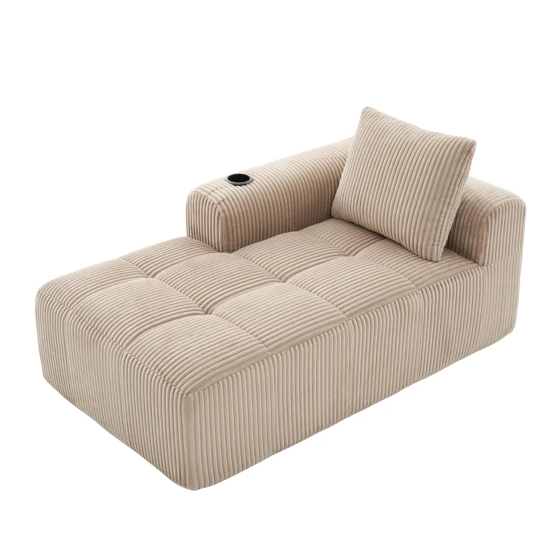 Bequemes Cordsofa mit Rückenlehne, seitlichen Aufbewahrungstaschen für Fernbedienung und Handy, eingebauter Getränkehalter, 158X93X61 cm,, Khaki
