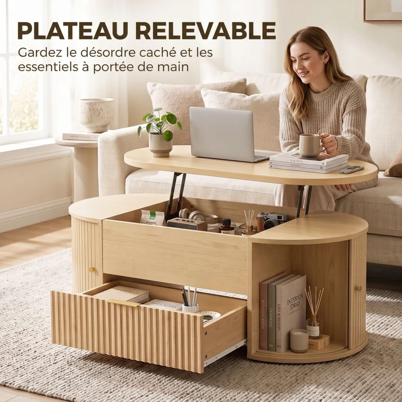 HOMCOM Table Basse Relevable Ovale, Compartiment Caché, Tiroir Cannelé, Portes Coulissantes et Placards, 100x50x40cm, Chêne