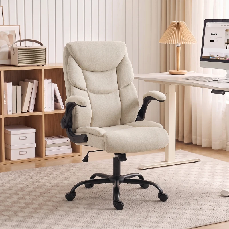 HOMCOM Office Chair, Executive Desk Chair with Flip-up Armrest, Thick Padding, 360 Degree Swivel, Cream White