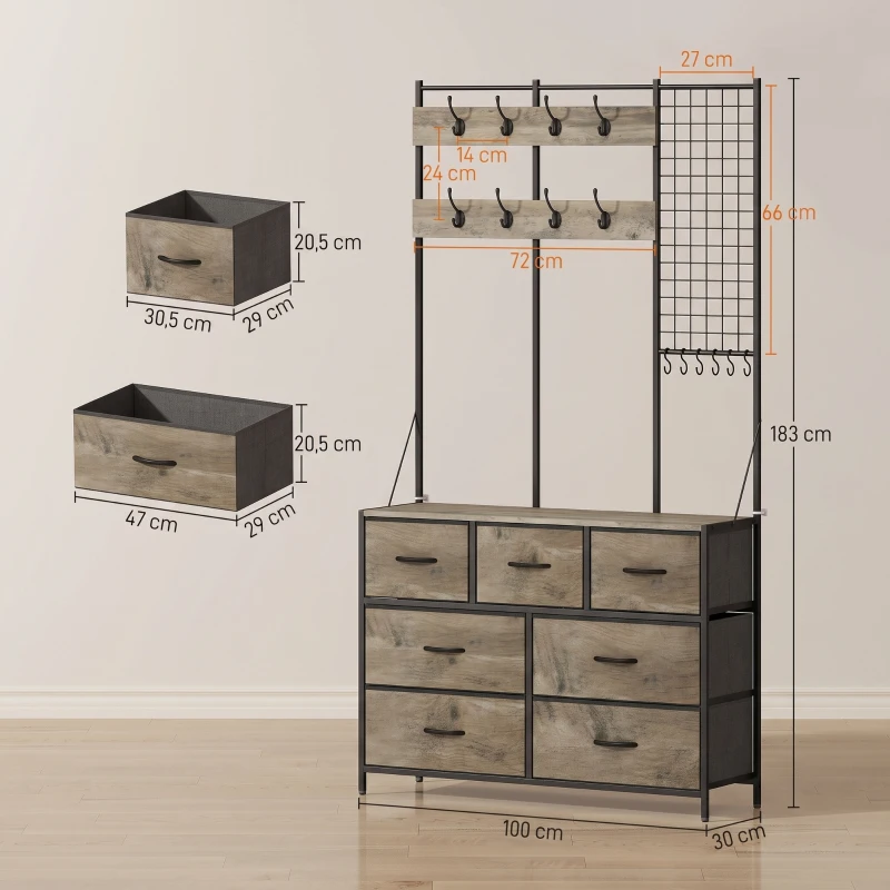 HOMCOM Porte-Manteau 4 en 1, Meuble d'Entrée avec 7 Tiroirs Pliables en Tissu, 14 Crochets et Panneau Grillagé, Gris Effet Bois