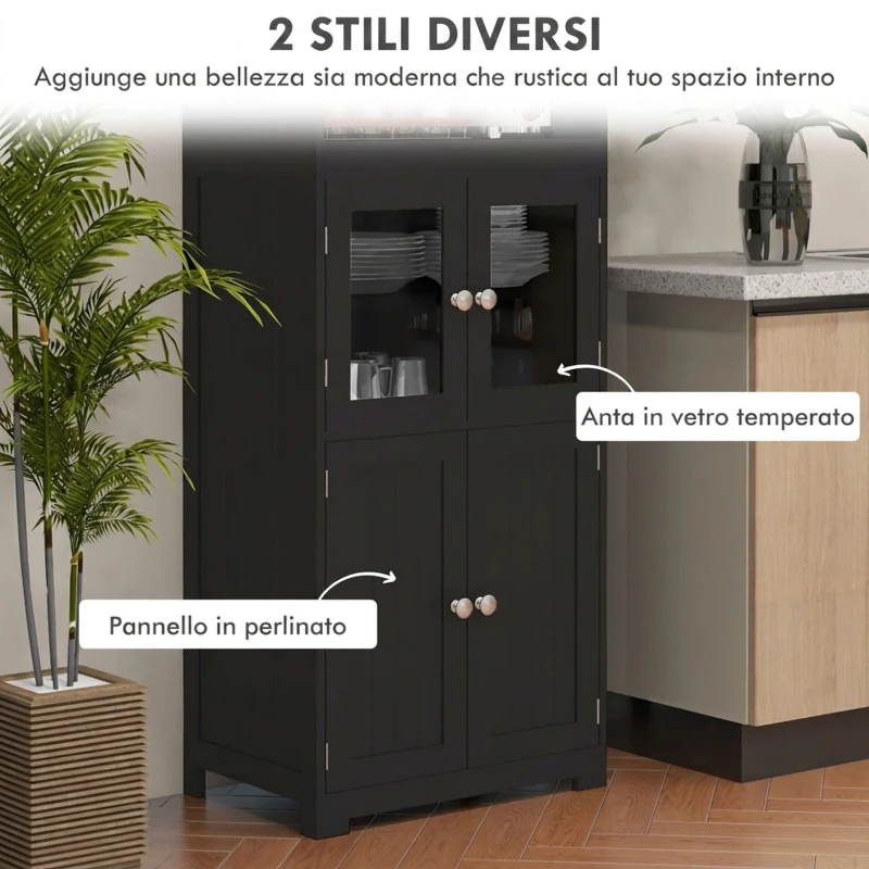 HOMCOM Credenza Cucina con 2 Ripiani Aperti e 2 Armadietti con Ante, Mobile Cucina in MDF e Vetro Temperato