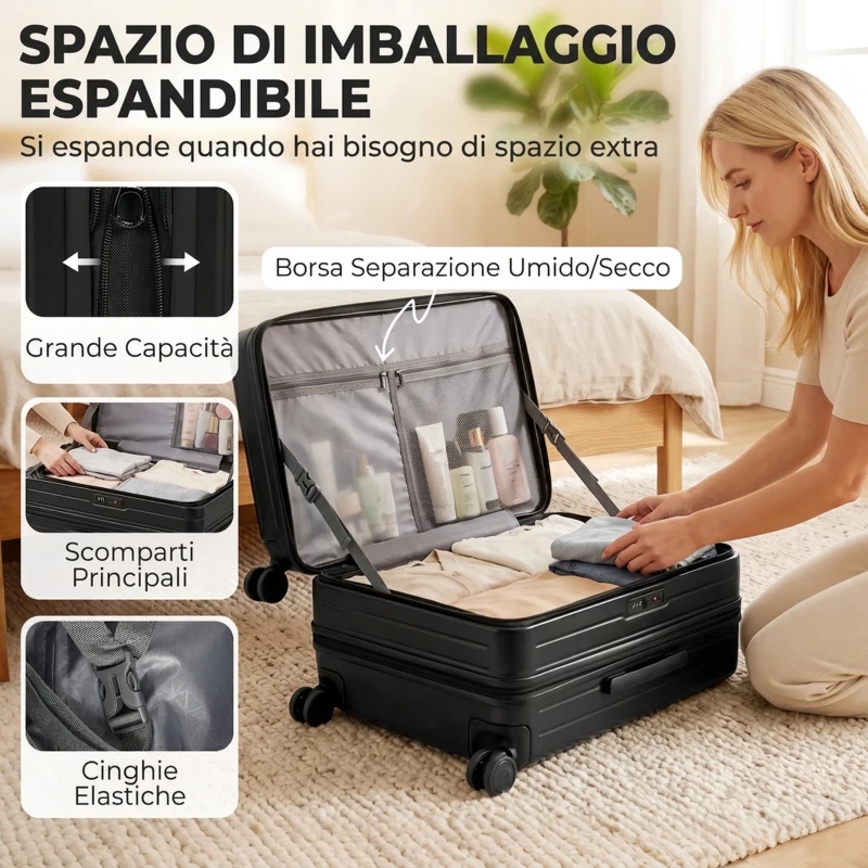 HOMCOM Valigia Rigida Media 71L Espandibile con 4 Ruote e Lucchetto TSA, 43x28x66 cm, Nero