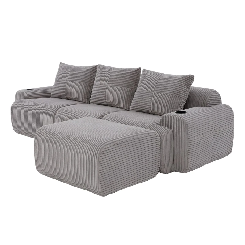 Modulares Cordsofa für drei Personen (inklusive Fußschemel), frei kombinierbar, ausgestattet mit Getränkehaltern und seitlichen Aufbewahrungstaschen, 268L x 174B x 80H cm, Hellgrau