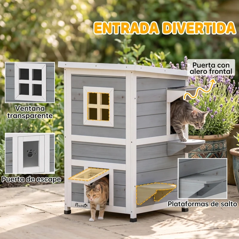PawHut Caseta para Gatos de Madera Exterior de 2 Niveles con Techo Abatible Plataformas de Salto Puertas 51x51x81,3 cm Gris