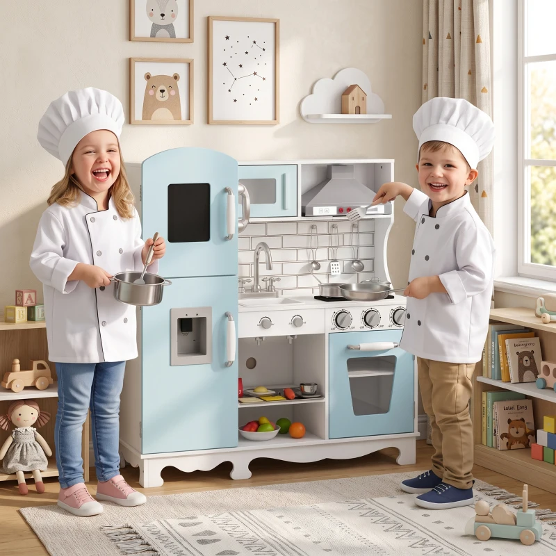 AIYAPLAY Cozinha de Madeira com Luzes e Sons, Exaustor, Dispensador de Água, Máquina de Café, Frigorífico e Forno