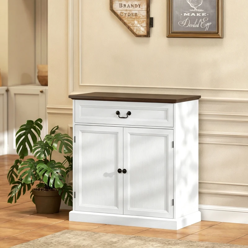 HOMCOM Aparador para sala, móvel de arrumação com 2 portas, gaveta silenciosa, prateleira ajustável, 80x40x85cm, branco e castanho