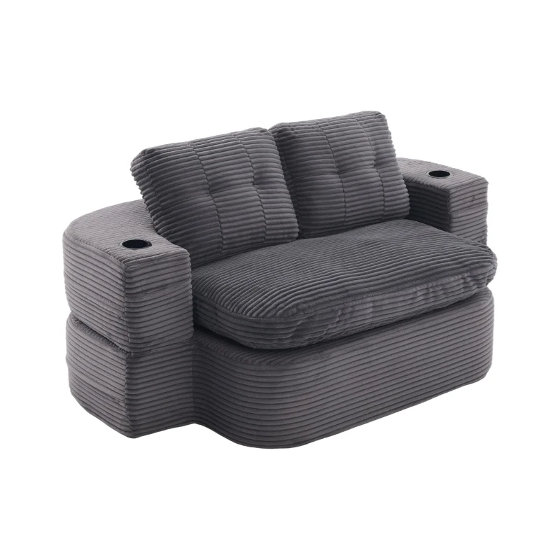 2-in-1 Cordsofa mit verstellbarer Funktion, 2 Getränkehaltern, hohe Rückenlehne und extra tiefe Sitzfläche, 165L x 97B x 61H cm,Dunkelgrau