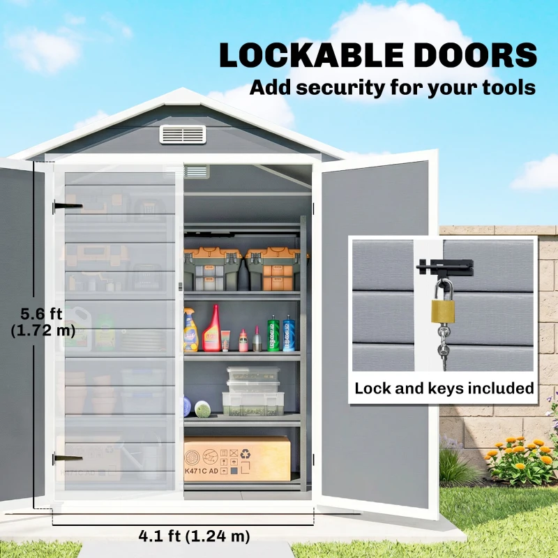 Outsunny 6x4.5ft Garden Storage Shed, Lockable Shed for Small Terraced Gardens with Double Doors, Window, Vent and Plastic Roof, Low Maintenance, Grey