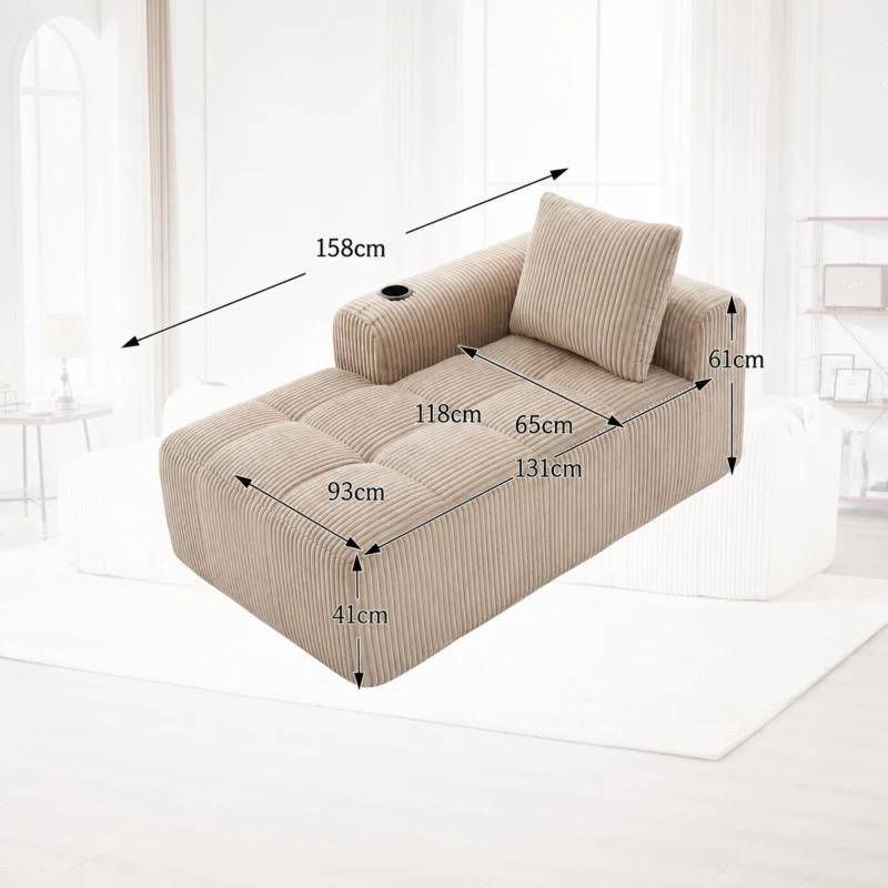 Bequemes Cordsofa mit Rückenlehne, seitlichen Aufbewahrungstaschen für Fernbedienung und Handy, eingebauter Getränkehalter, 158X93X61 cm,, Khaki