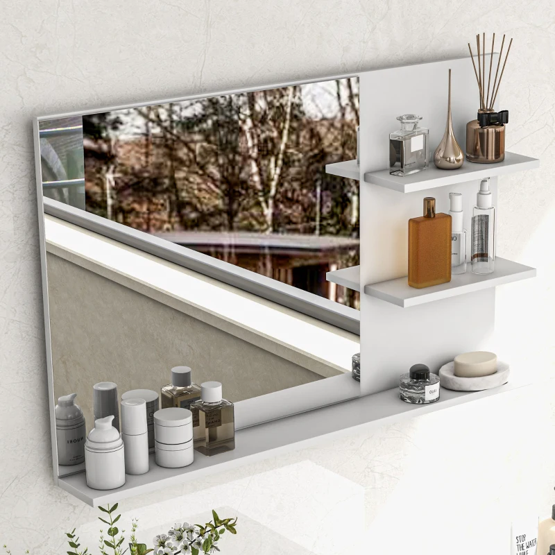 Kleankin Espelho de Casa de Banho de Parede com 2 Prateleiras Laterais e Prateleira Inferior 75x10x48 cm Branco