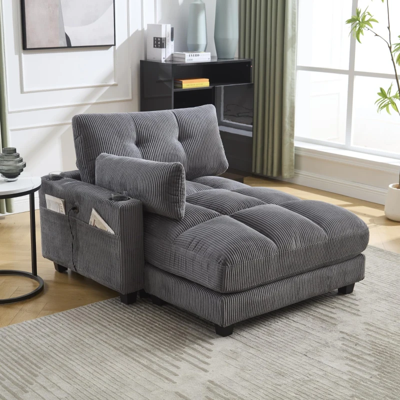 Palm-Sessel mit austauschbaren linken und rechten Armlehnen, drei Becherhaltern und einer Seitentasche, USB-Anschlüssen an den Seitenlehnen, 140L x 112B x 81H, Grau