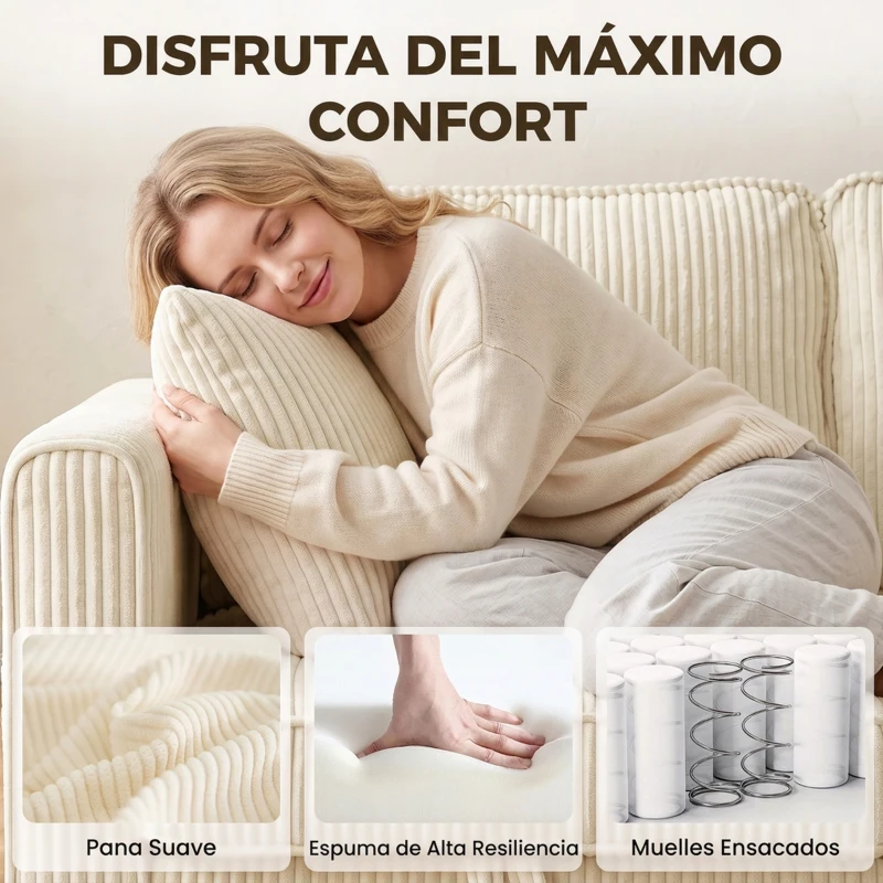 HOMCOM Sofá Chaise Longue de 3 Plazas con Almacenaje y Otomana Reversible de Pana 235x153x85 cm Blanco Crema