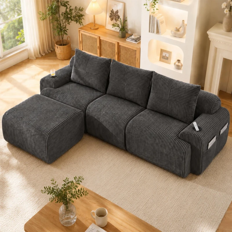 Modulares Cordsofa für 3 Personen (inklusive Fußhocker), ausgestattet mit Getränkehaltern , seitlichen Aufbewahrungstaschen, 268L x 174B x 80H cm, Dunkelgrau