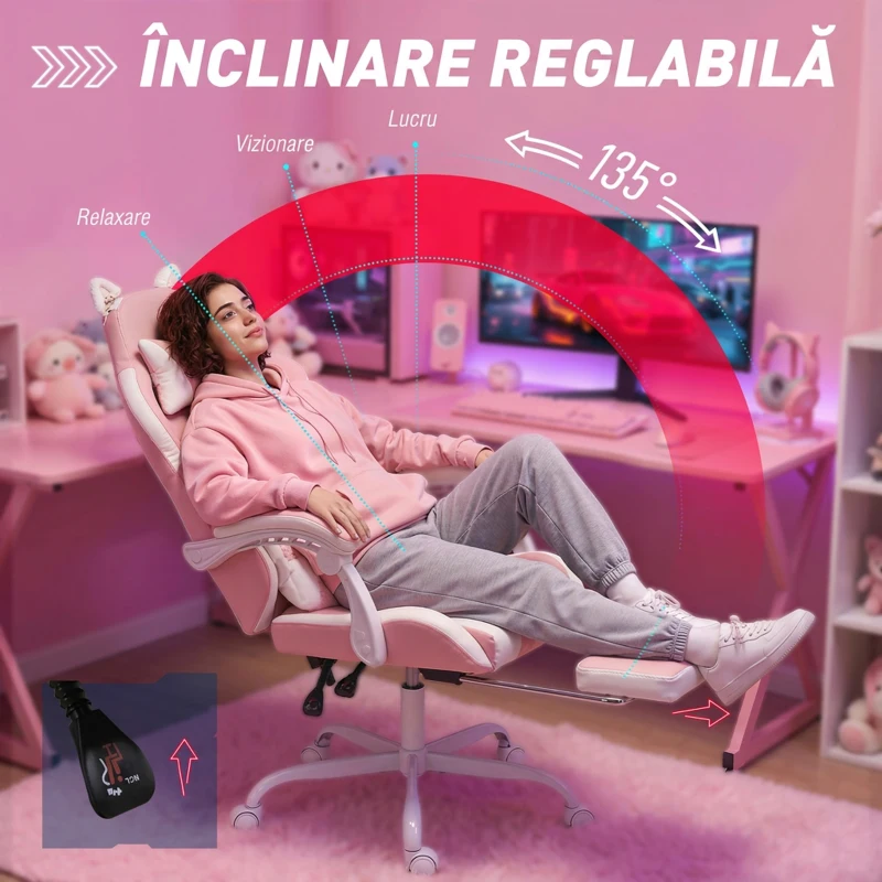 Vinsetto Scaun Gaming Ergonomic Rabatabil, cu Suport Picioare Urechi Pisică Roz