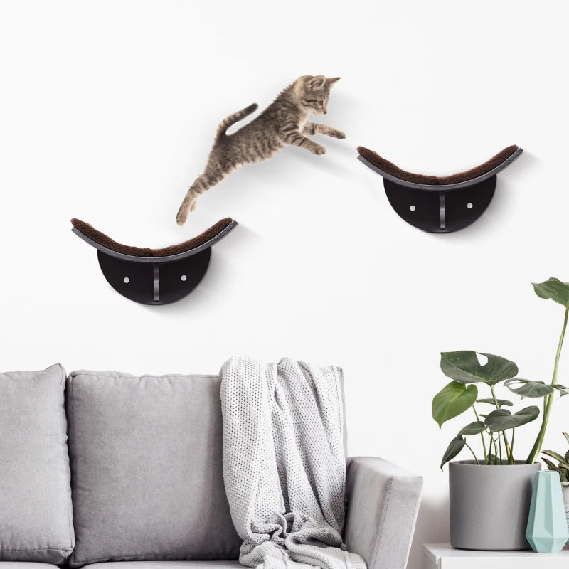 PawHut Wood Cat Shelves, Wall-Mounted Cat Shelter, Curved Kitten Bed Perch Climber Furniture 41 x 28 x 21cm Brown