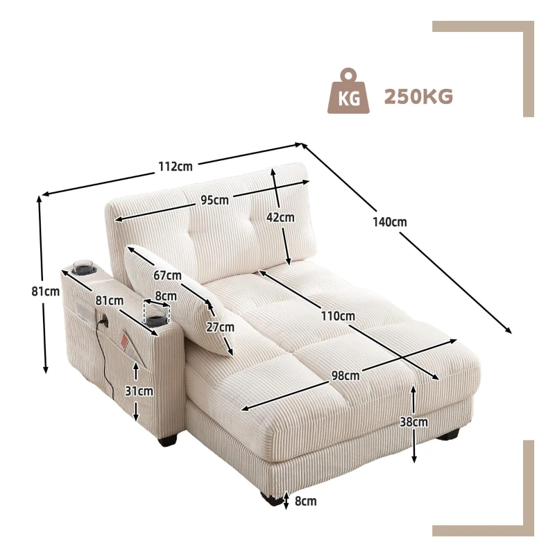 Palm-Sessel mit austauschbaren linken und rechten Armlehnen, drei Becherhaltern und einer Seitentasche, USB-Anschlüssen an den Seitenlehnen, 140L x 112B x 81H, Beige