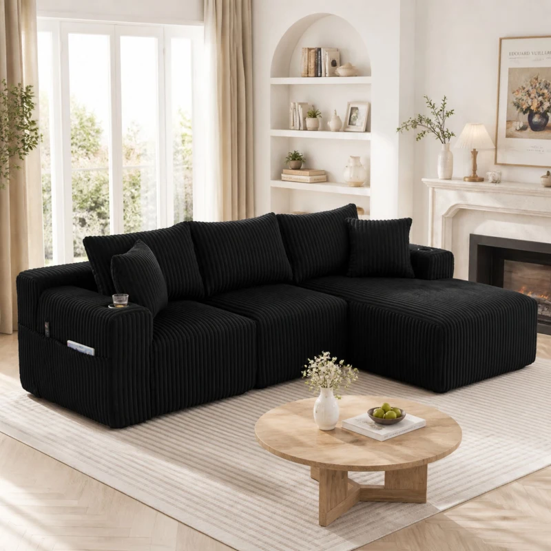 Modulares Sofaset mit Liegestühlen und Doppelbetten, 5 Kissen und 2 Getränkehaltern， 257X160X62 cm, Schwarz