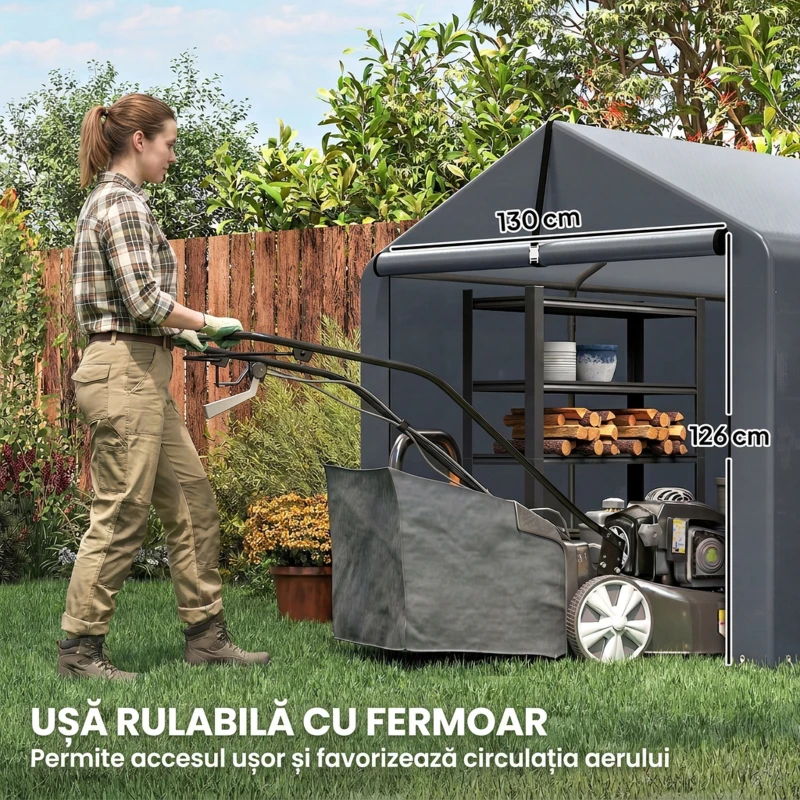 Outsunny Garaj cort cu material întărit impermeabil și intrare cu fermoar, din oțel galvanizat, 162x221,5x163 cm, gri