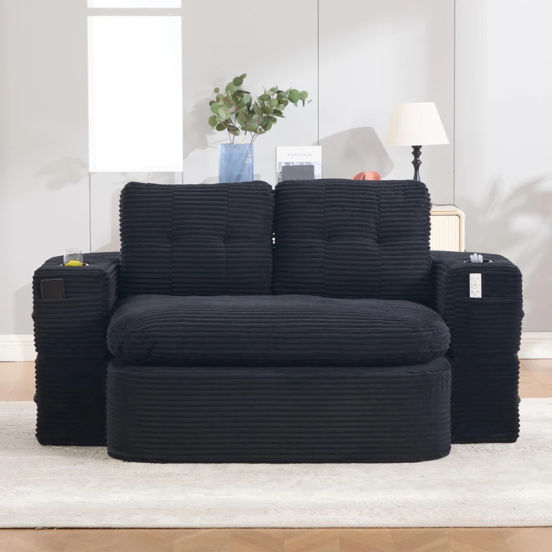 2-in-1 Cordsofa mit verstellbarer Funktion, 2 Getränkehaltern, hohe Rückenlehne und extra tiefe Sitzfläche, 165L x 97B x 61H cm,Schwarz
