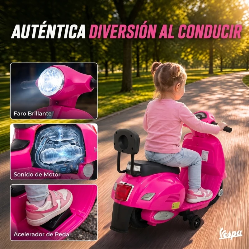 AIYAPLAY Moto Eléctrica para Niños Licencia Mini Vespa GTS 2 Ruedas Auxiliares Batería de Litio Faro Bocina Respaldo Rosa
