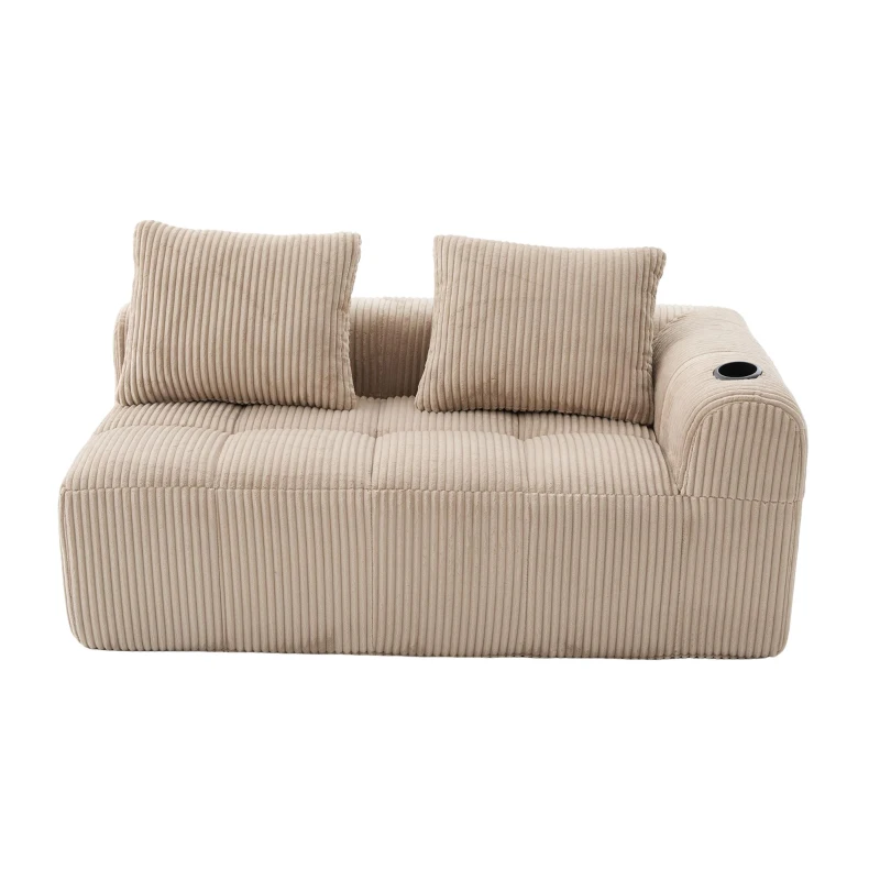 Bequemes Cordsofa mit zwei Sitzern, seitliche Aufbewahrungstasche für Fernbedienung und Handy, eingebauter Getränkehalter, 158X93X61 cm, Khaki