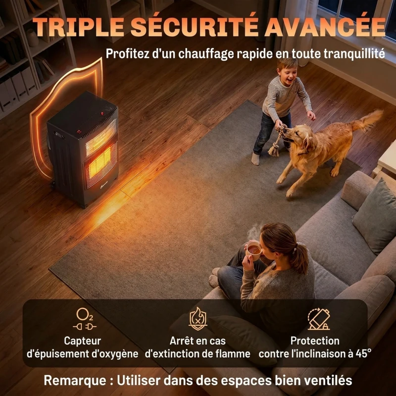 Outsunny Chauffage d'Appoint Gaz et Électrique 4200W/1200W Infrarouge Pliable 3 Niveaux 2 Freins Sécurité ODS 45x42x75cm Noir