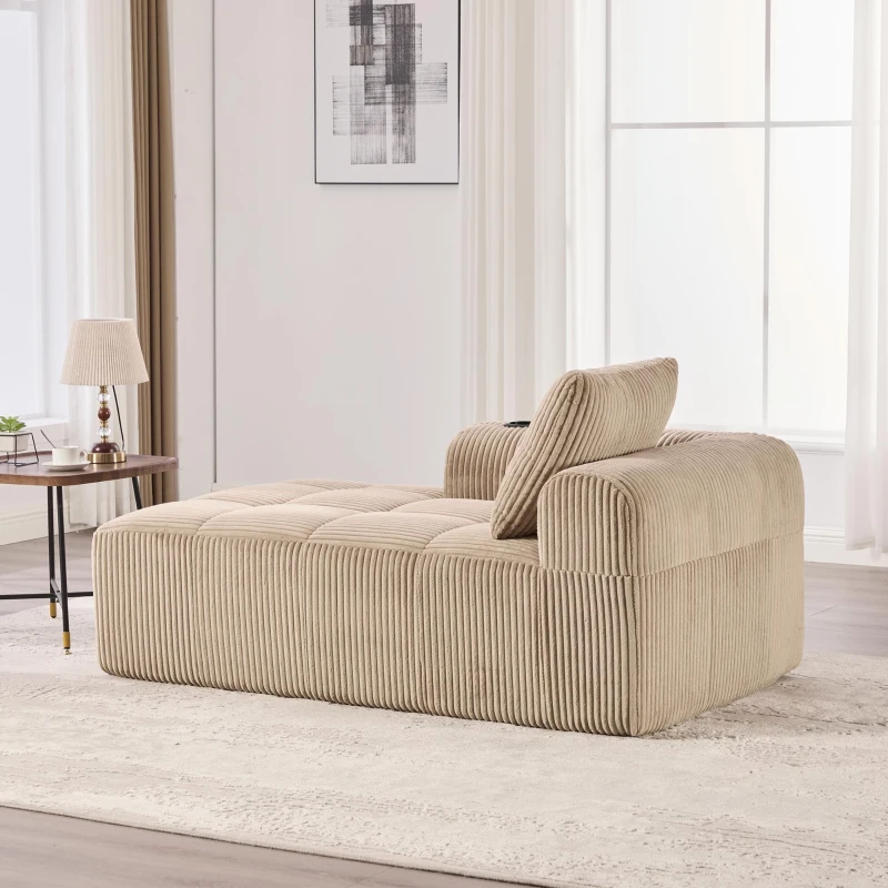 Bequemes Cordsofa mit Rückenlehne, seitlichen Aufbewahrungstaschen für Fernbedienung und Handy, eingebauter Getränkehalter, 158X93X61 cm,, Khaki