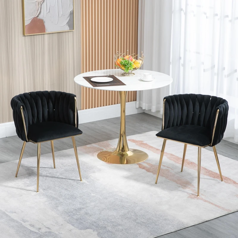 Samt-Esssessel mit goldenen Metallbeinen, elegantes handgewebtes Design, 55,5x41x74 cm, Schwarz