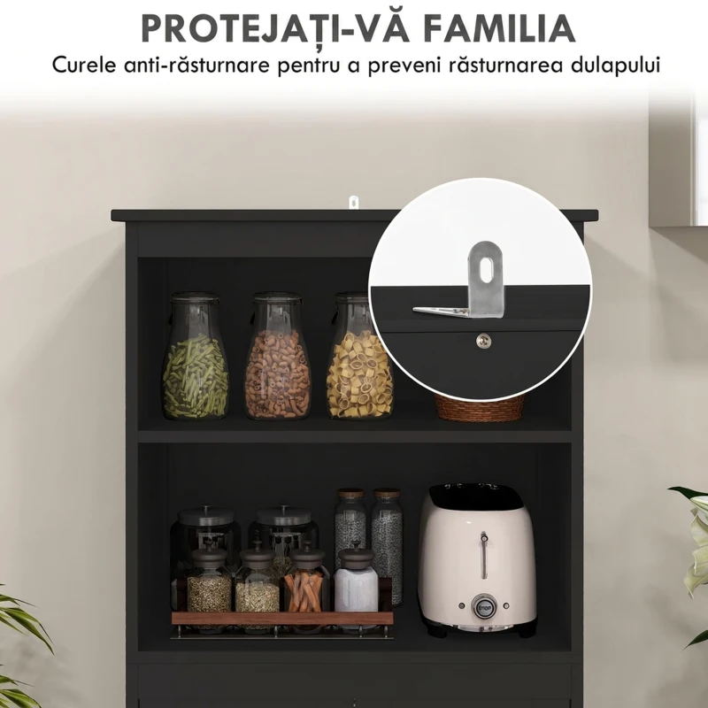 HOMCOM Dulap cămară cu 2 rafturi deschise și 2 dulapuri cu uși, din MDF și sticlă, 60x30x162 cm, negru
