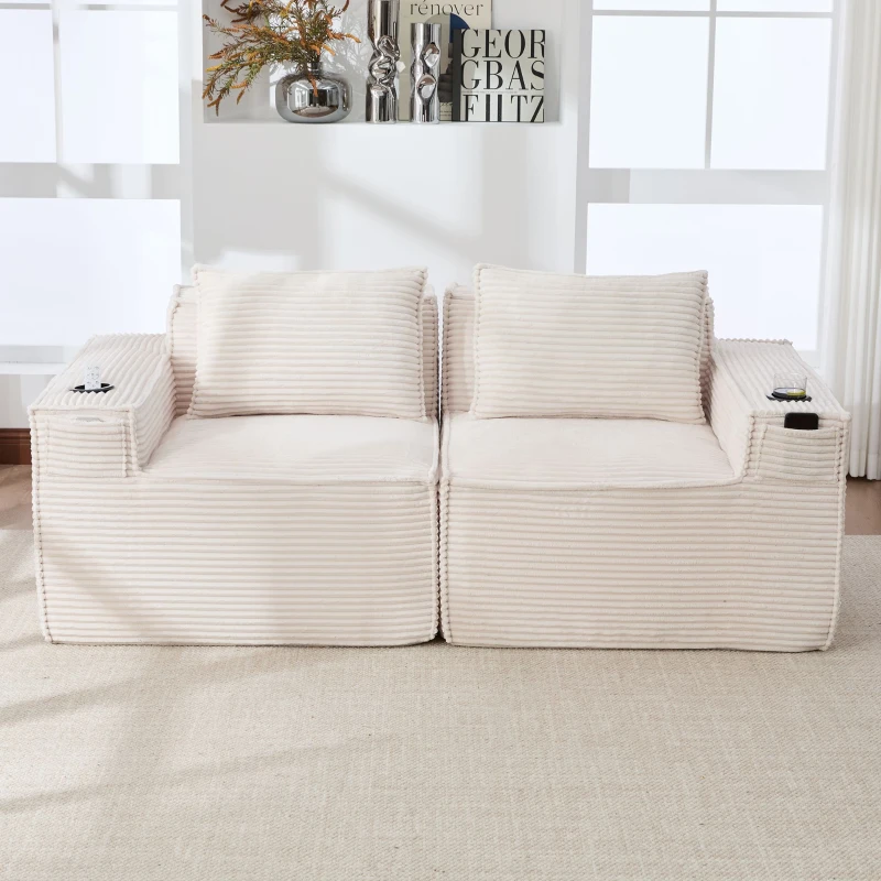 Modulares Doppelsitz-Cordsofa mit Becherhaltern und Seitentaschen, Federkern und hochdichtem Schaumstoff, 188L x 90B x 75H cm, Beige