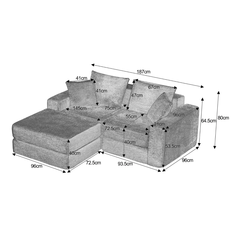 Knochenlose Sofabestuhlung mit rutschfester Basis, mit breiten Armlehnen, bequemen Rückenlehnen und einem hochelastischen Polster, Maße 259,5 L x 96 B x 64,5 H cm, Grün